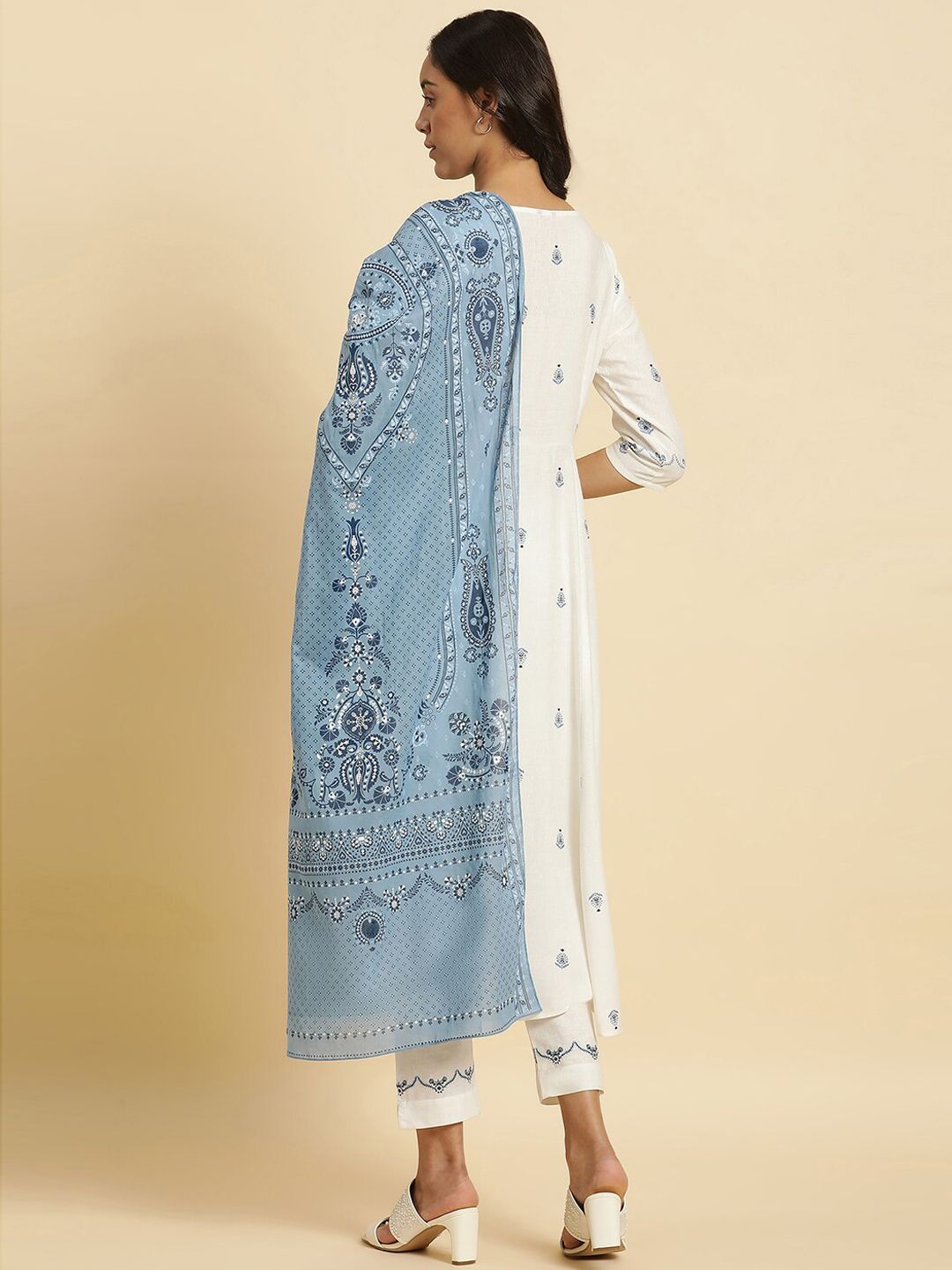W White Floral Printed Angrakha Kurta with Trousers & With Dupatta