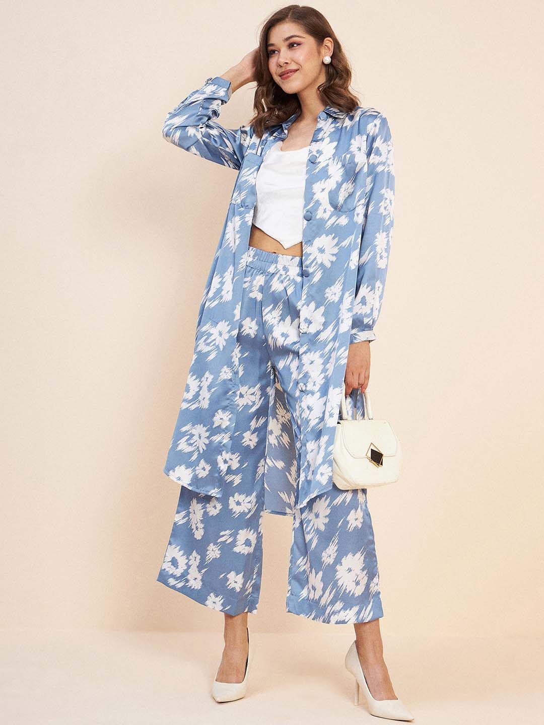 Antheaa Blue Floral Printed Shirt Collar Long Sleeve Satin Co-Ords