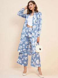Antheaa Blue Floral Printed Shirt Collar Long Sleeve Satin Co-Ords