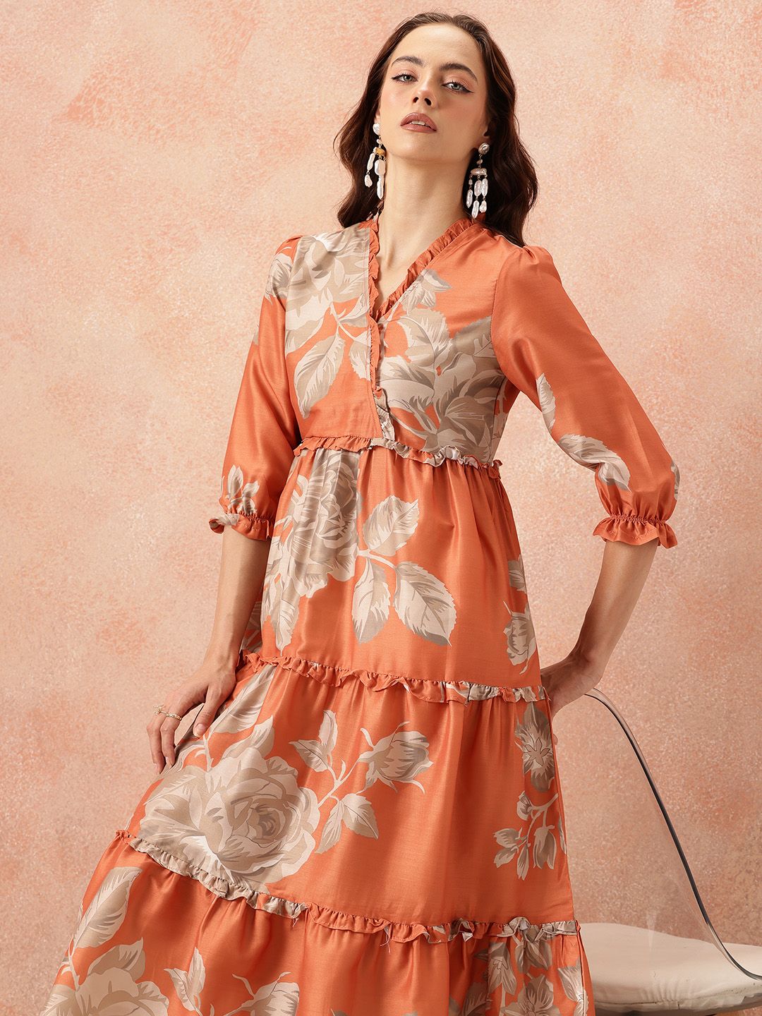 all about you Floral Printed Ruffled Detail Tiered Wrap-Style Midi Fit & Flare Dress