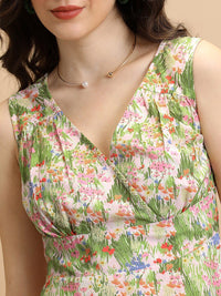 Tokyo Talkies Pink & Green Floral Printed A-Line Mini Dress