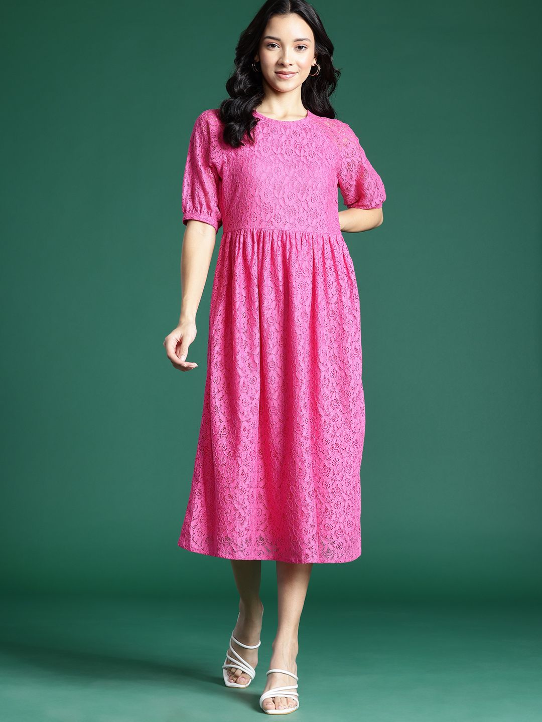 DressBerry Floral Puff Sleeve Lace Midi A-Line Dress