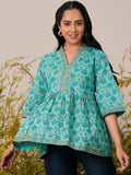 Libas Floral Block Printed V-Neck Flared Sleeves Pure Cotton Pleated A-Line Kurti