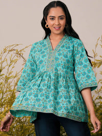 Libas Floral Block Printed V-Neck Flared Sleeves Pure Cotton Pleated A-Line Kurti