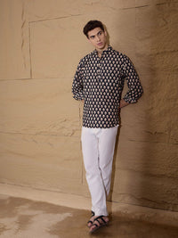 Dennison Floral Printed Band Collar Cotton Pure Straight Kurta