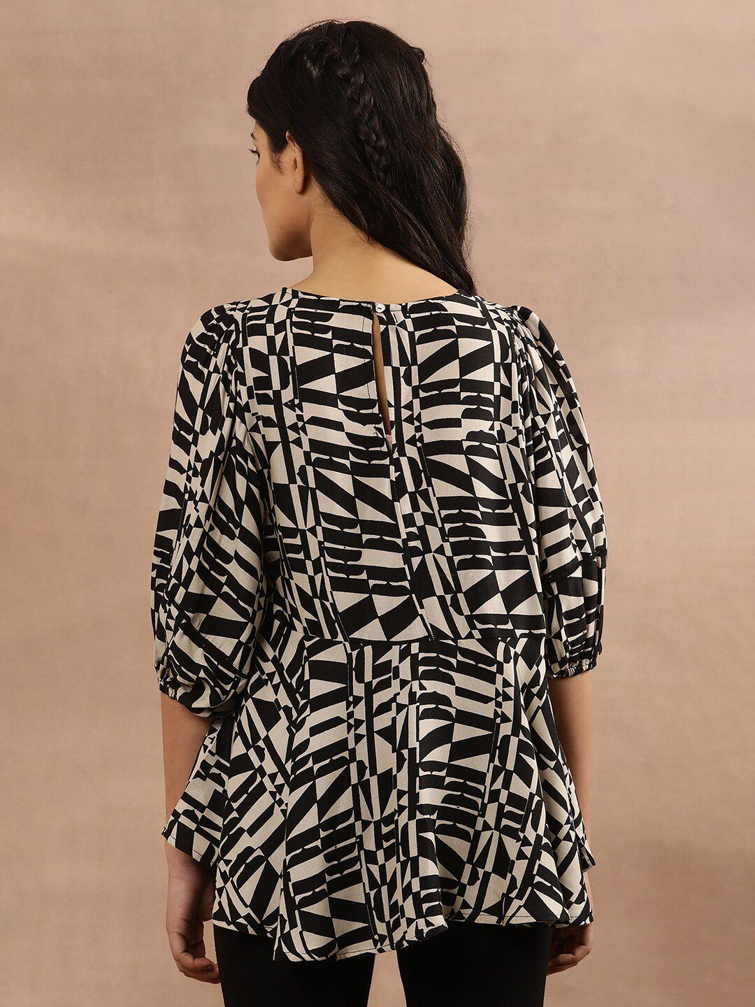 W Beige & Black Geometric Printed A-Line Top