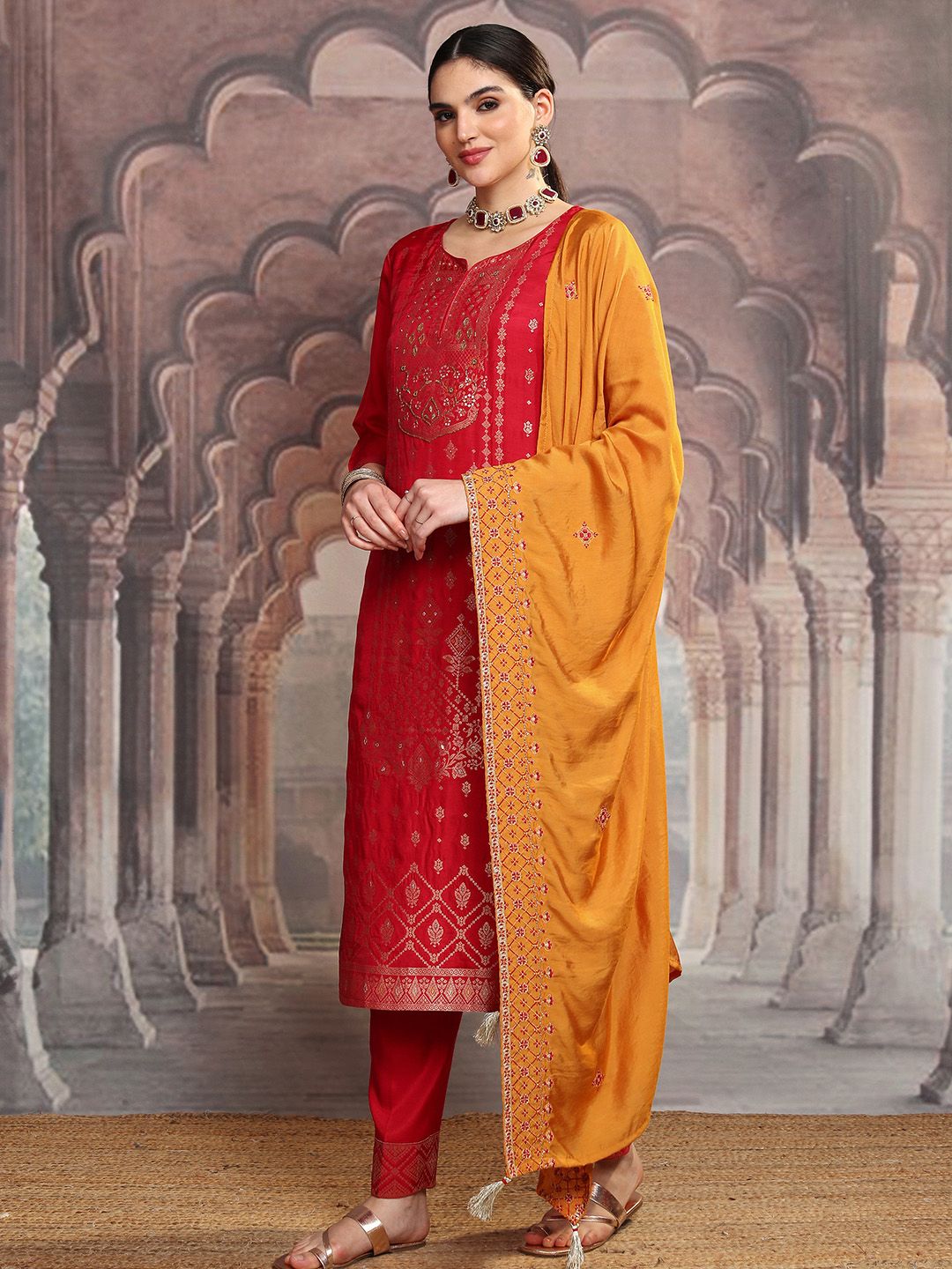 Vishudh Pink Ethnic Motifs Printed Sequinned Straight Kurta With Trousers & Dupatta