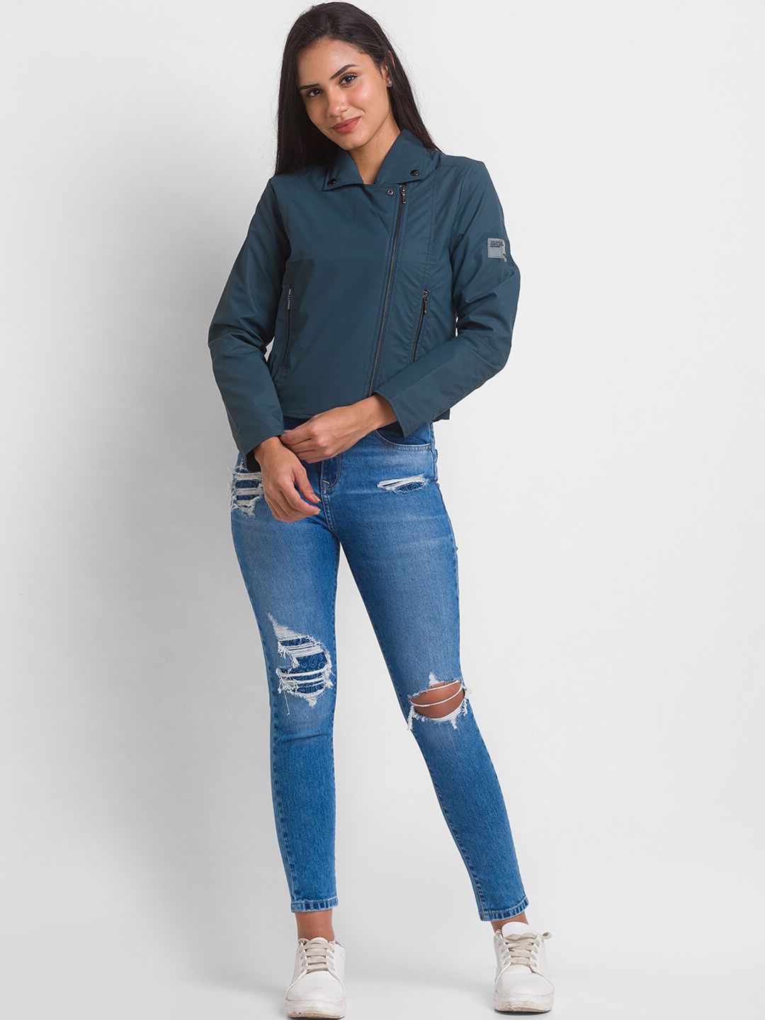 SPYKAR Women Teal Blue Crop Tailored Jacket