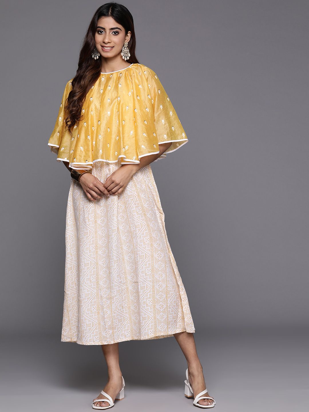 Indo Era Printed Embroidered Cape Sleeve Crepe A-Line Midi Dress