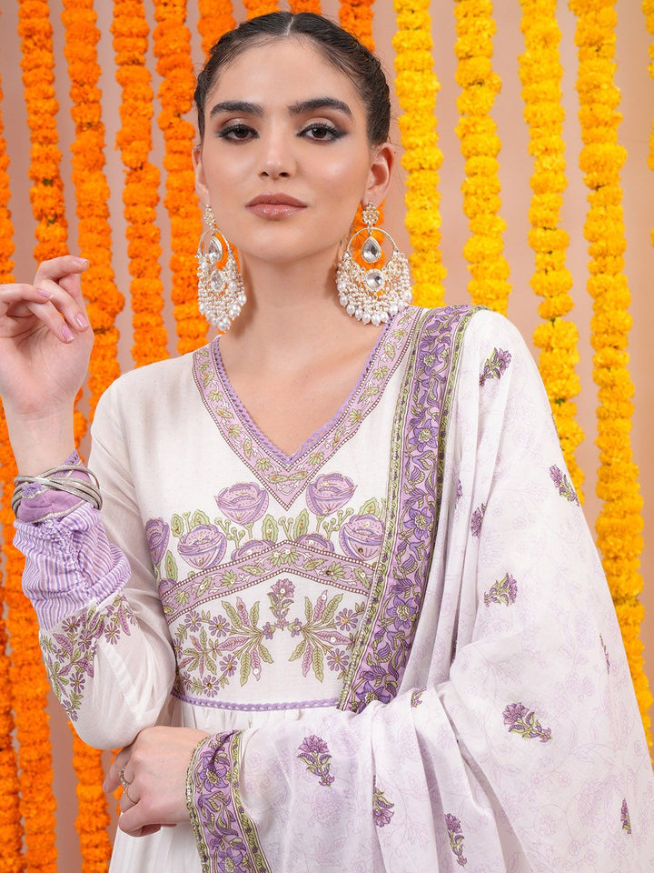Vishudh Purple Floral Printed Pure Cotton Ethnic Dress With Dupatta