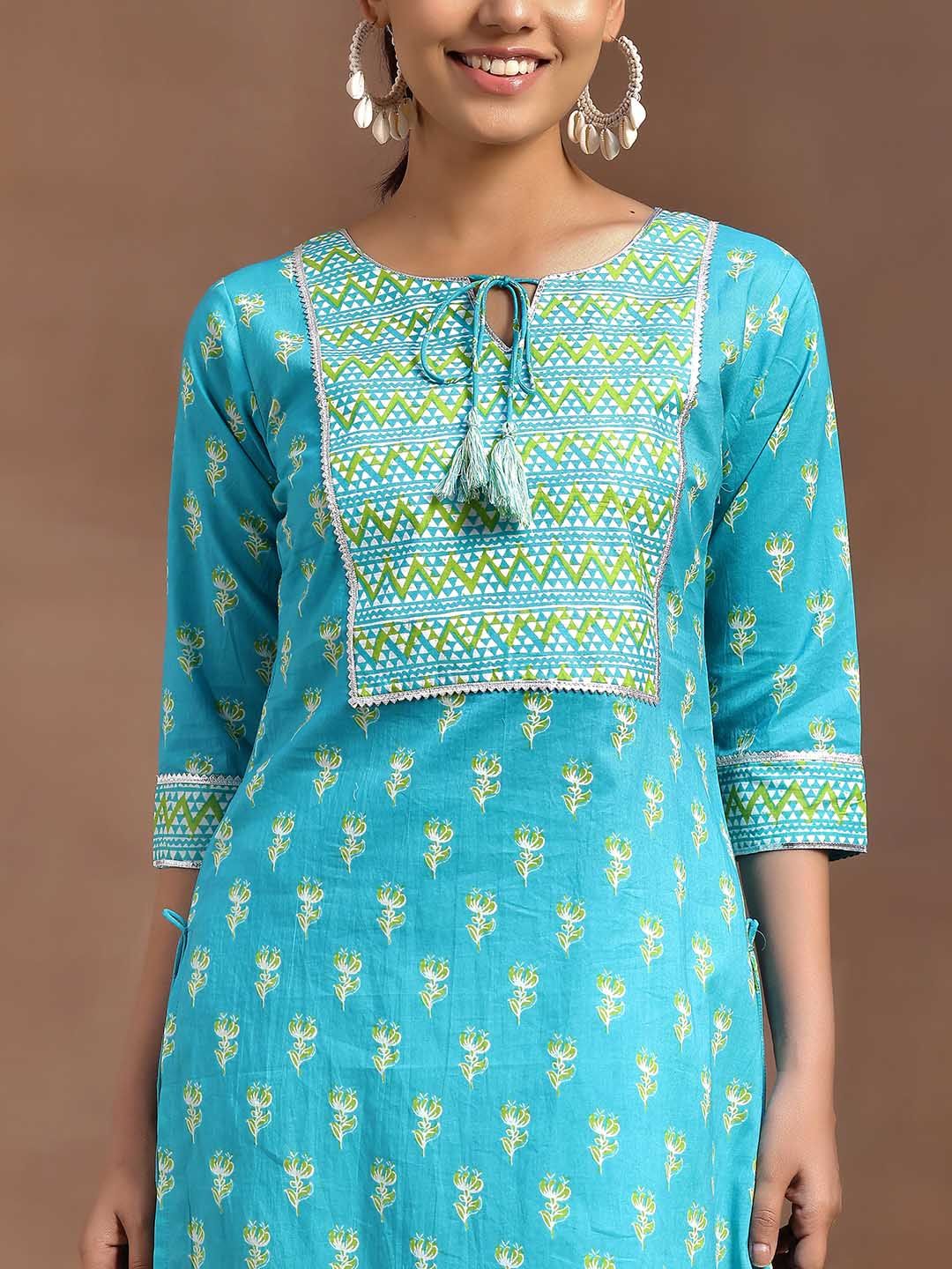 Libas Women Blue Floral Printed Regular Gotta Patti Pure Cotton Kurta with Trousers & With Dupatta