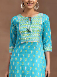 Libas Women Blue Floral Printed Regular Gotta Patti Pure Cotton Kurta with Trousers & With Dupatta