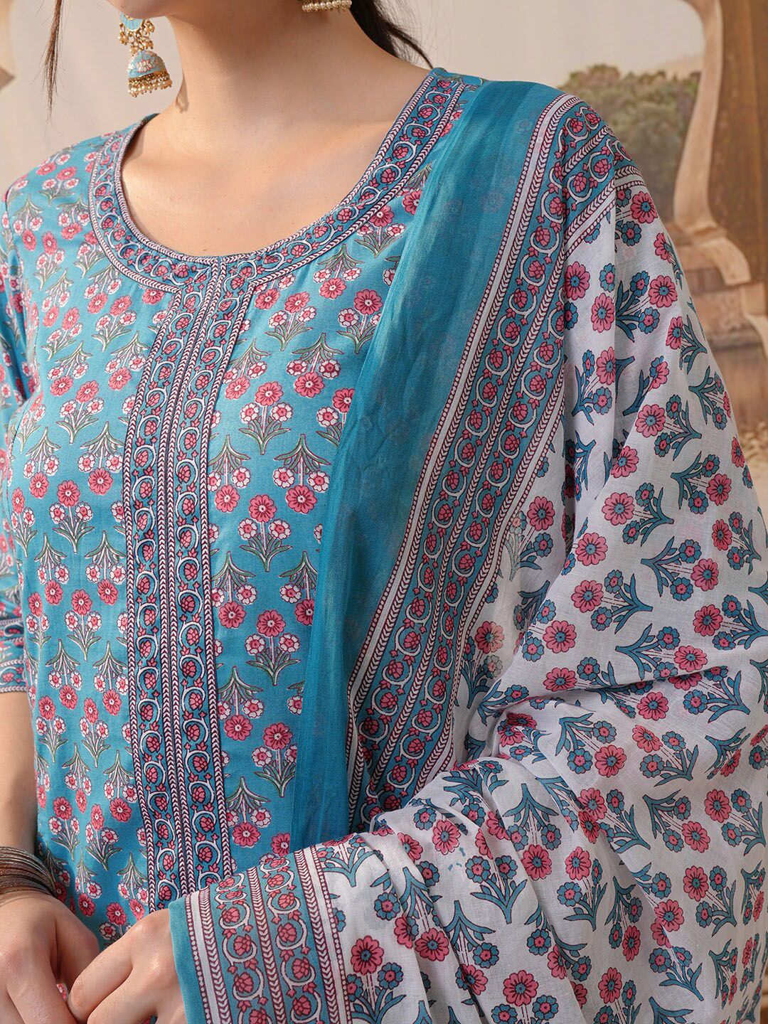 Vishudh Floral Printed Round Neck Three-Quarter Sleeves Pure Cotton Kurta Set