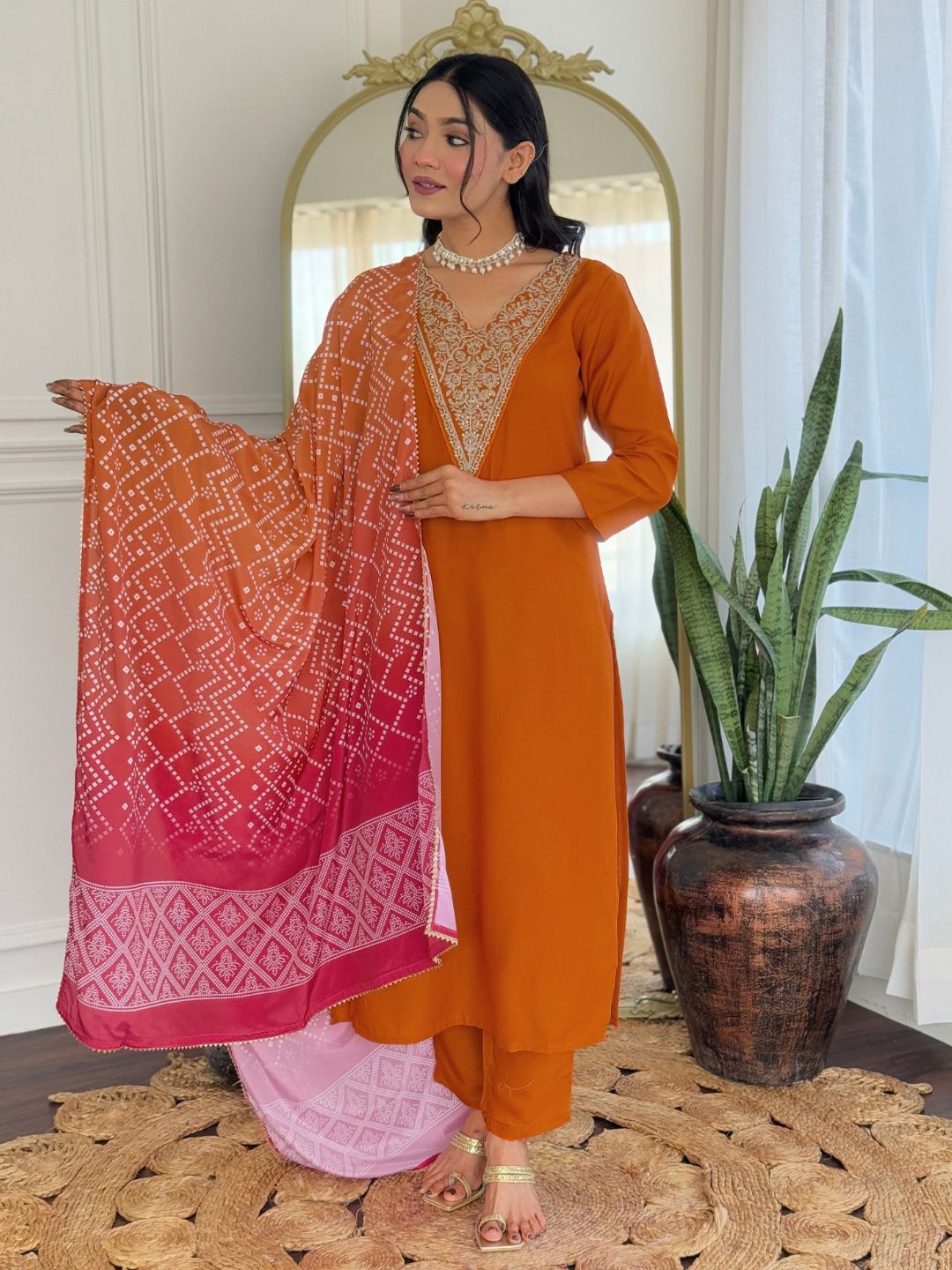 KALINI Women Ethnic Motifs Embroidered Regular Kurta with Trousers & With Dupatta