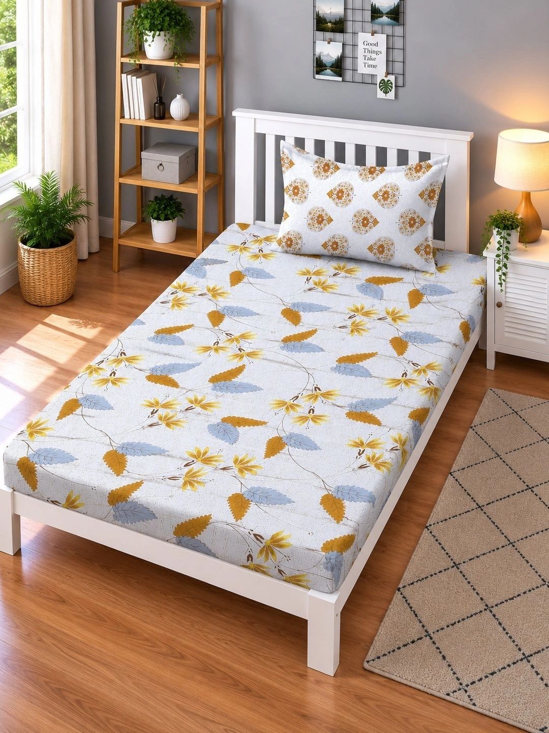 Moda Rapido X KLOTTHE Cream-Coloured & Yellow Floral 400 TC Single Bedsheet with 1 Pillow Covers