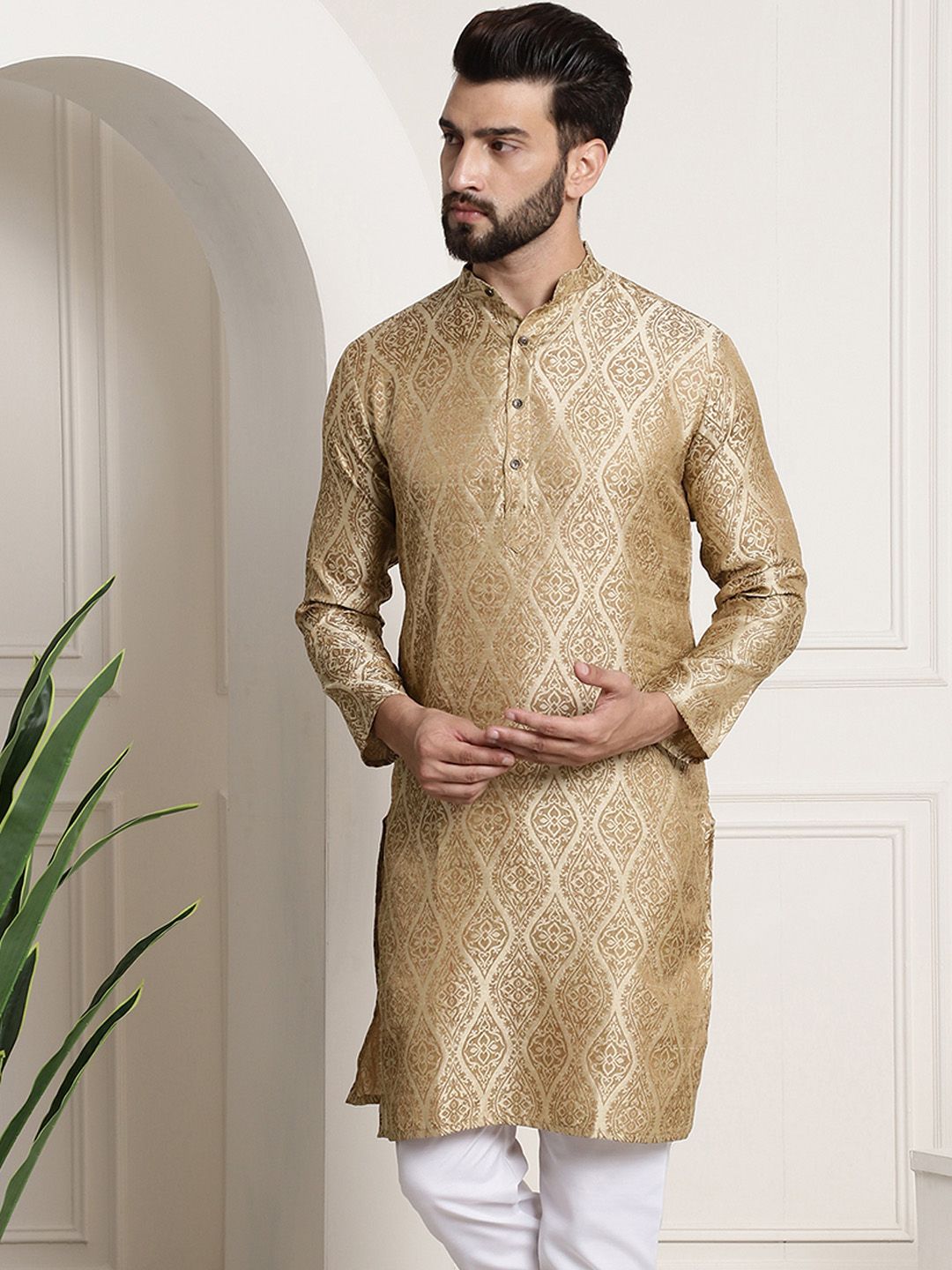 Sojanya Men Beige & Golden Ethnic Motifs Jacquard Kurta