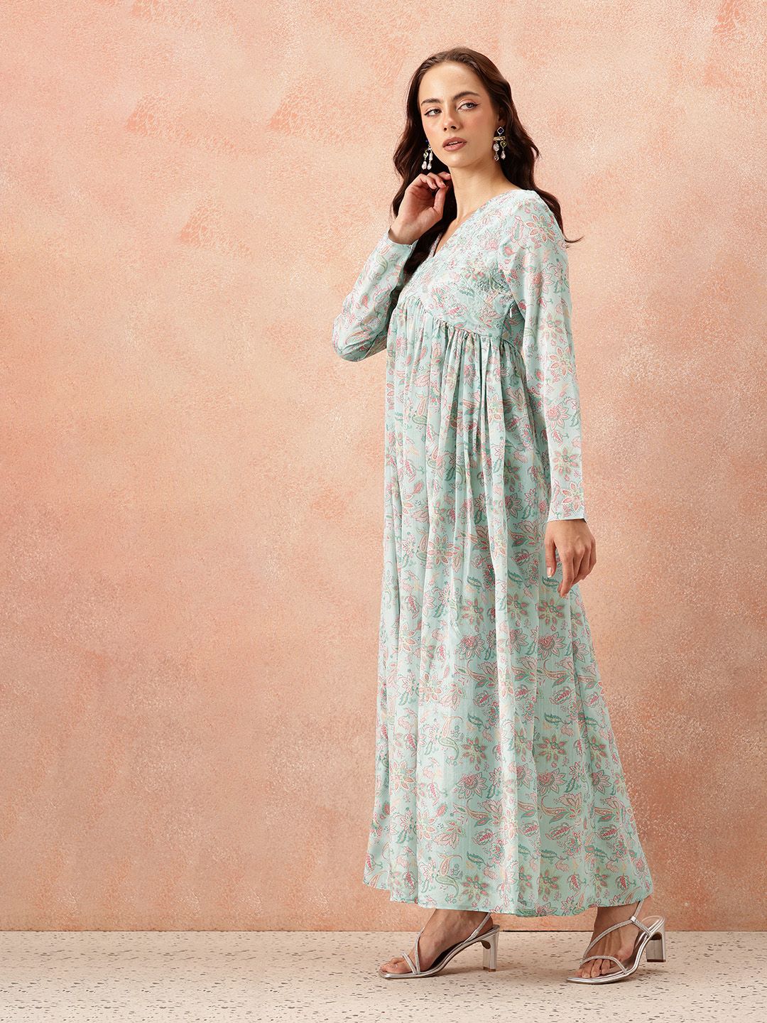 all about you Ethnic Motifs Printed Satin-Finish Festive Maxi Empire Dress with Scarf