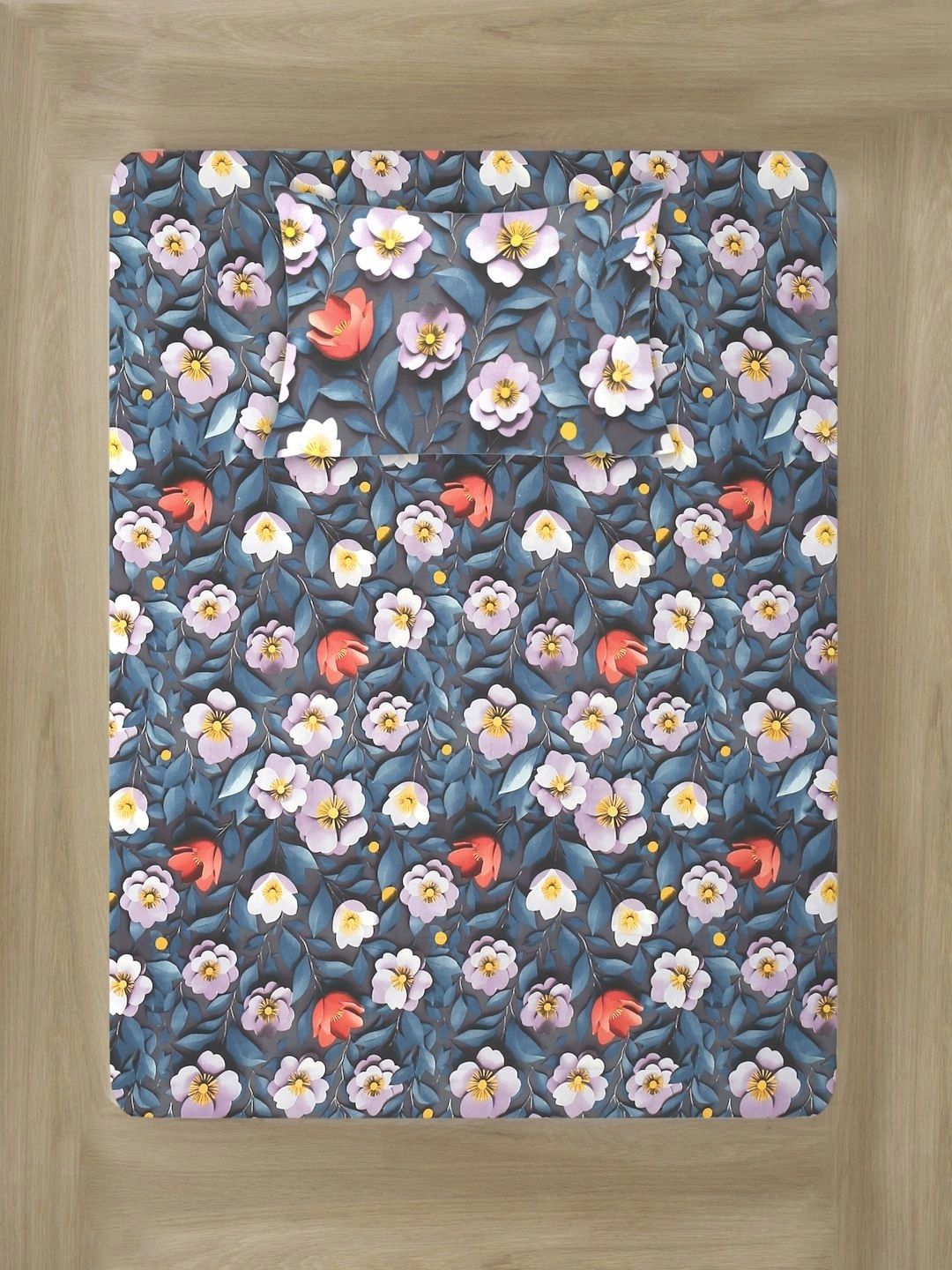 Myntra Elegant Homes Blue & White Floral 400 TC Single Bedsheet with 1 Pillow Covers