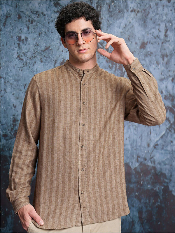 Locomotive Vertical Striped Band Collar Oversized Casual Shirt