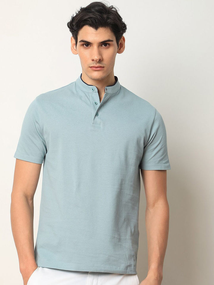 RARE RABBIT Men Barrie Mandarin Collar Cotton Slim Fit T-Shirt
