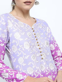 Vishudh Women Mauve Floral Printed High Slit Kurta with Palazzo & Dupatta