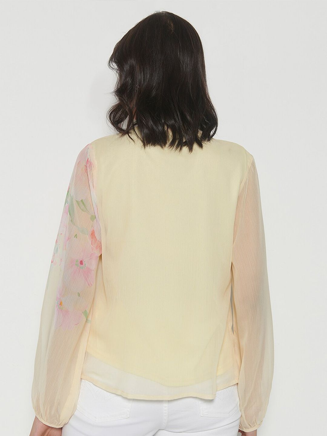 AND Floral Printed Mandarin Collar Cuffed Sleeves Pleated Top