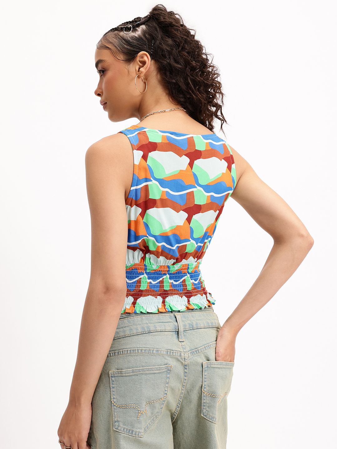 DressBerry Playful Palette  Abstract Printed Tie-Up Neck Smocked Top