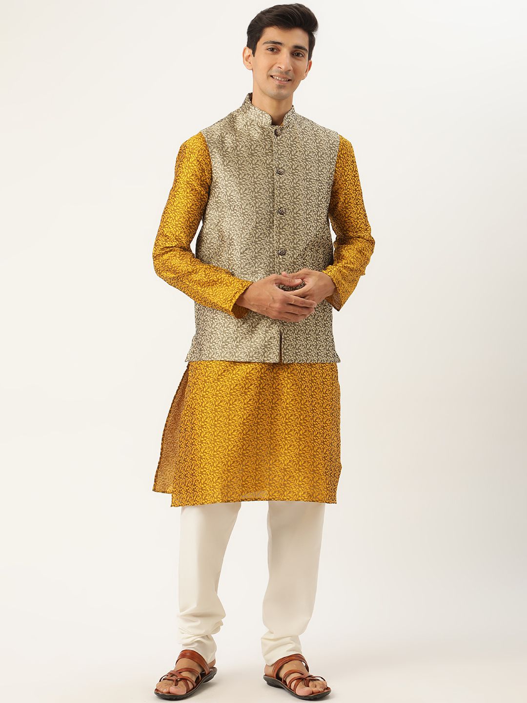 SOJANYA Men Mustard Yellow Self Design Jacquard Silk Kurta with Churidar & Nehru Jacket