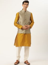 SOJANYA Men Mustard Yellow Self Design Jacquard Silk Kurta with Churidar & Nehru Jacket