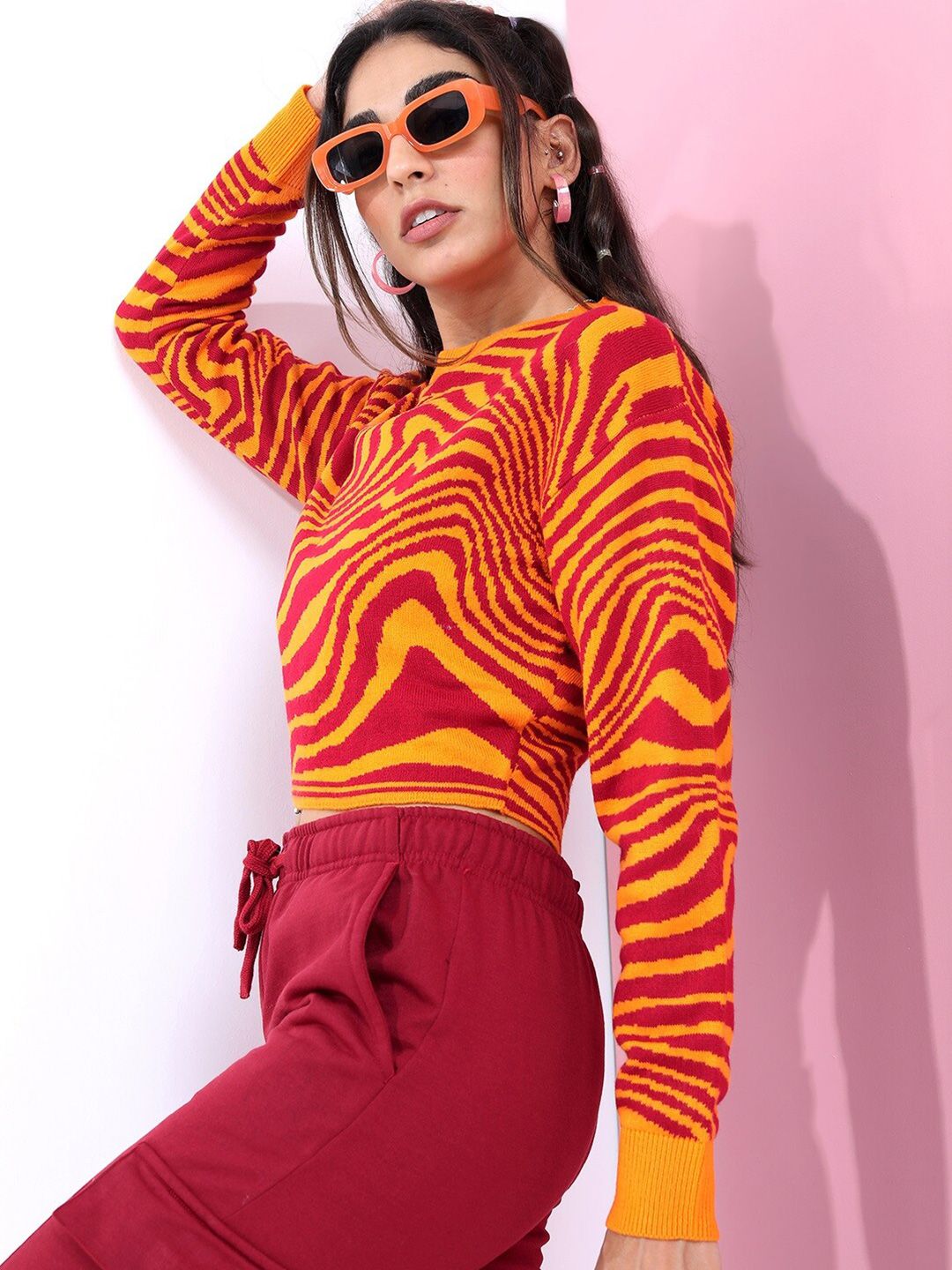 Tokyo Talkies Women Orange & Red Jacquard Pullover Sweater