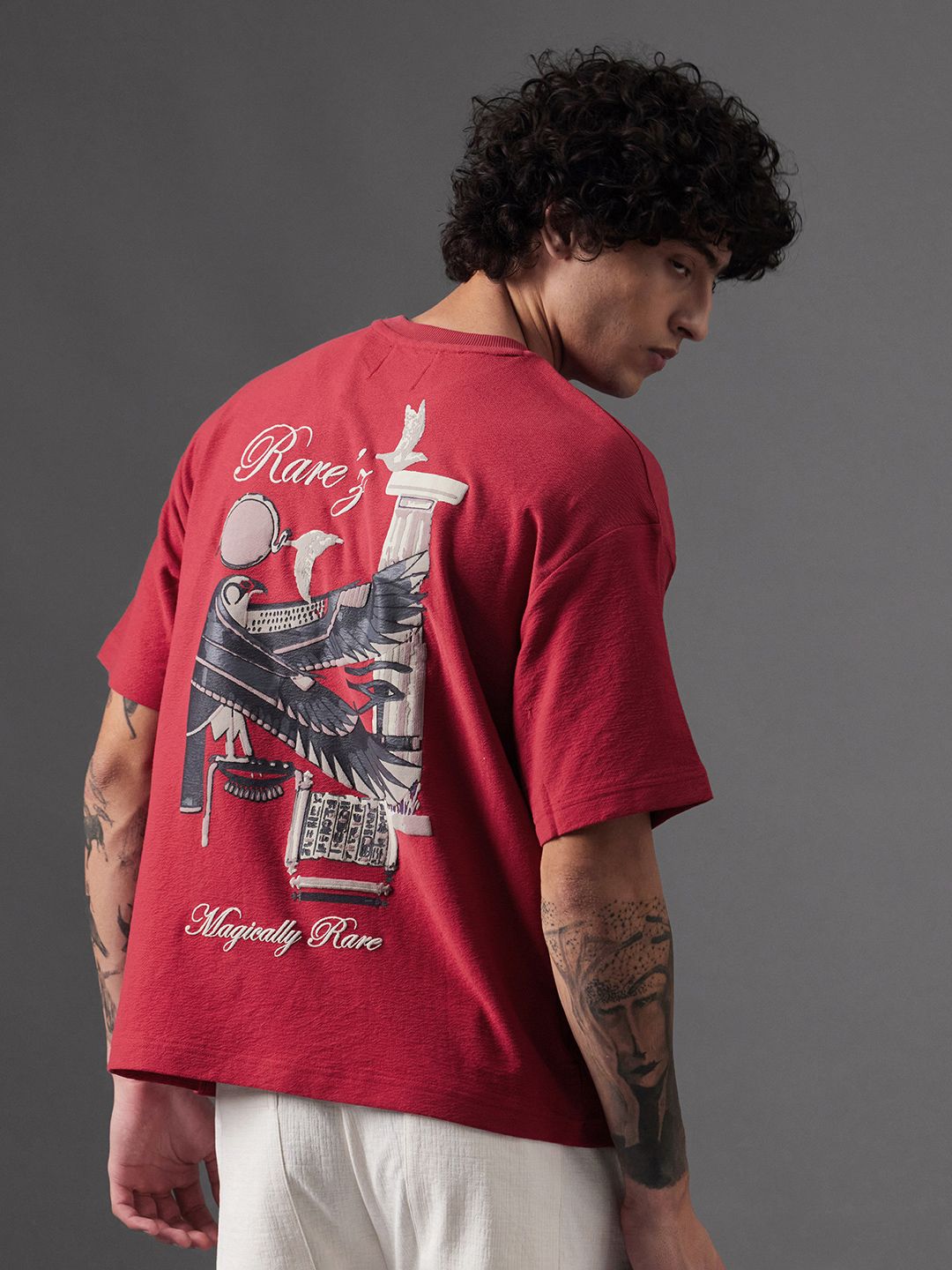 RARE RABBIT Men Graphic Printed Round Neck Cotton Oversized T-shirt