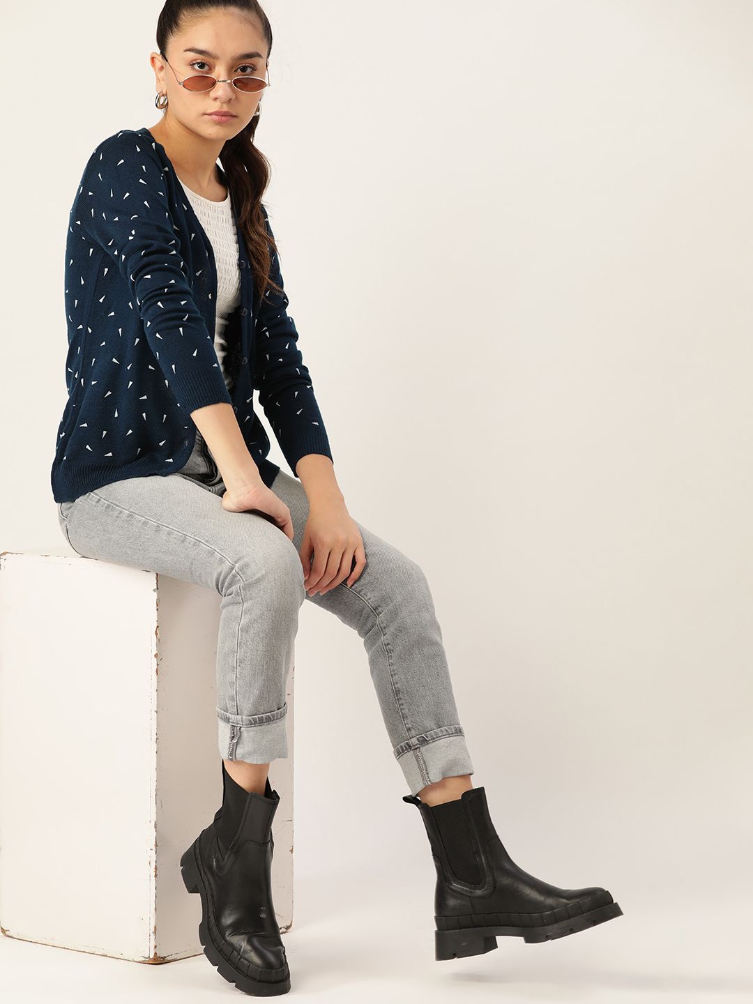 DressBerry Women Navy Blue Printed Cardigan