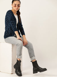 DressBerry Women Navy Blue Printed Cardigan