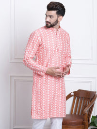 SOJANYA Kurta Bersulam Berwarna Peach & Putih Lelaki