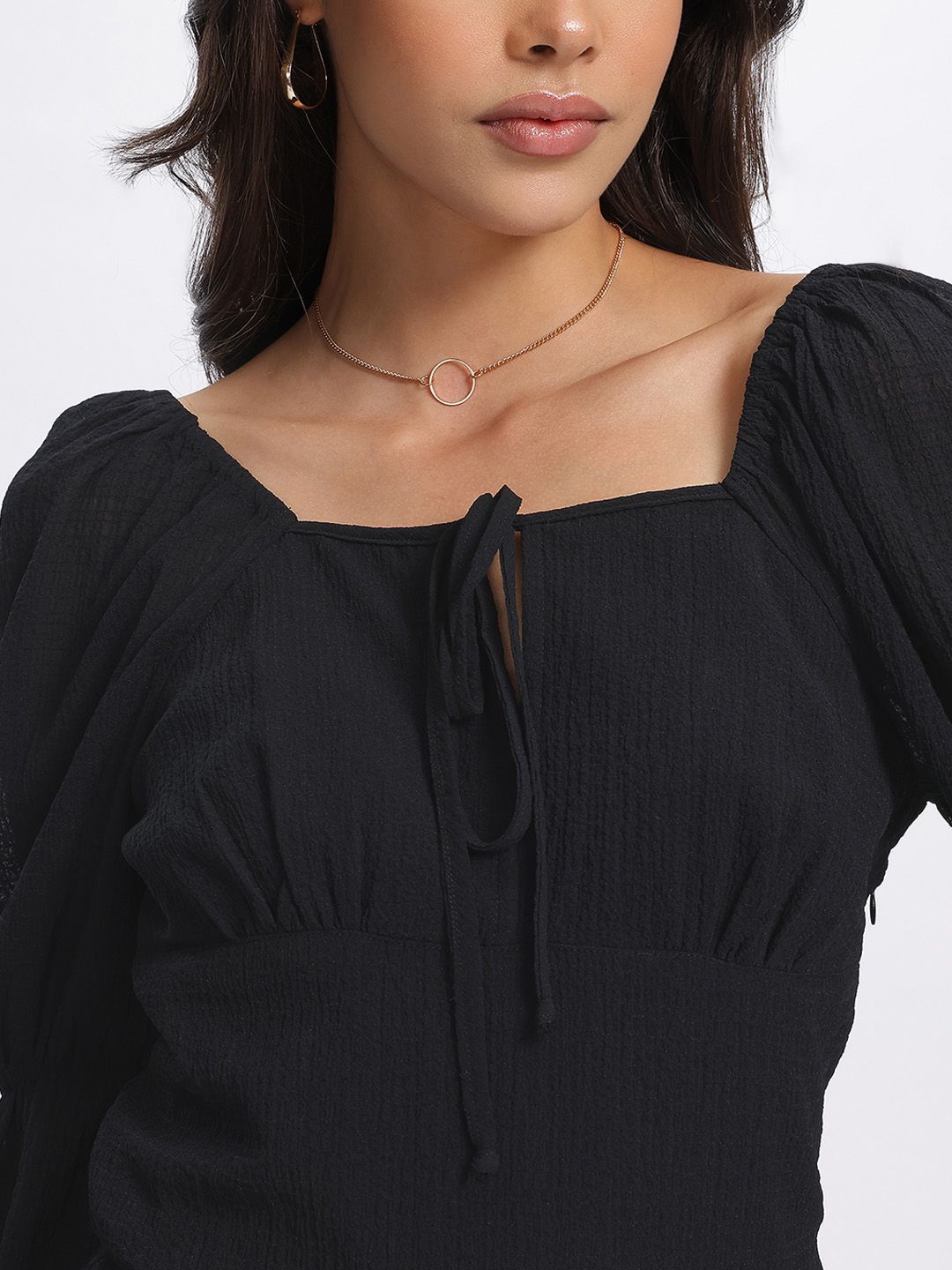 DressBerry Textured Dream Puff Sleeves A-Line Dress