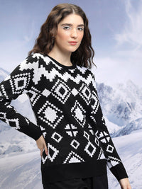 Tokyo Talkies Black Geometric Printed Acrylic Pullover Sweater