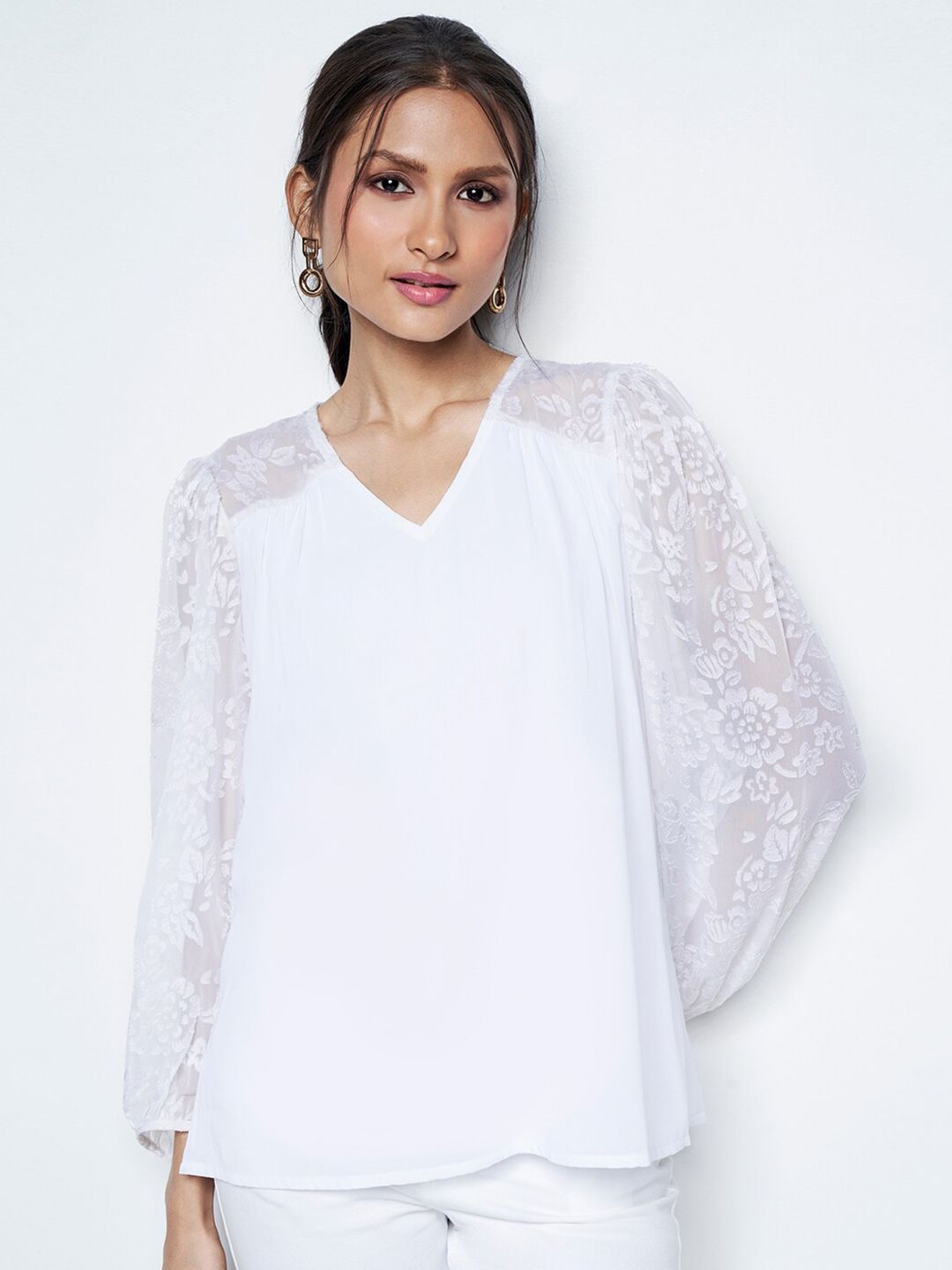 AND Women Self Design Puff Sleeves V-neck Top