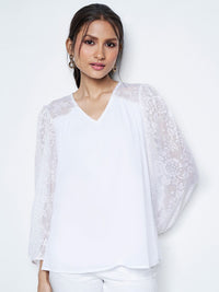 AND Women Self Design Puff Sleeves V-neck Top