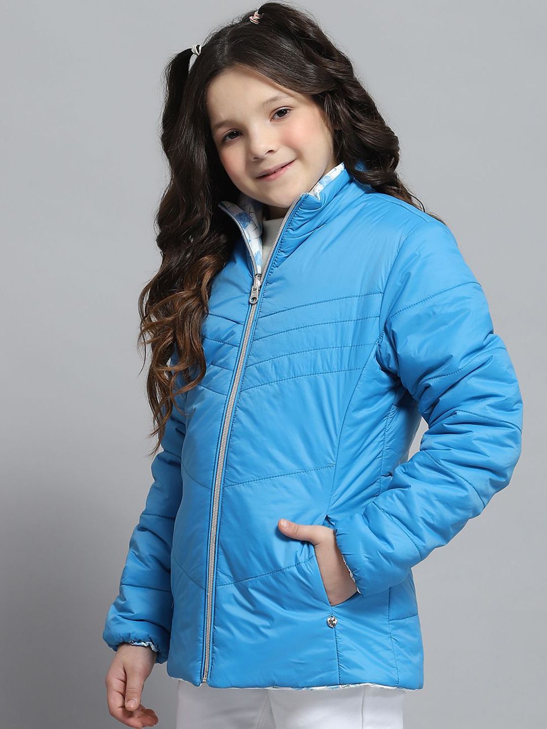 Monte Carlo Girls Mock Collar Solid Casual Reversible Padded Jacket