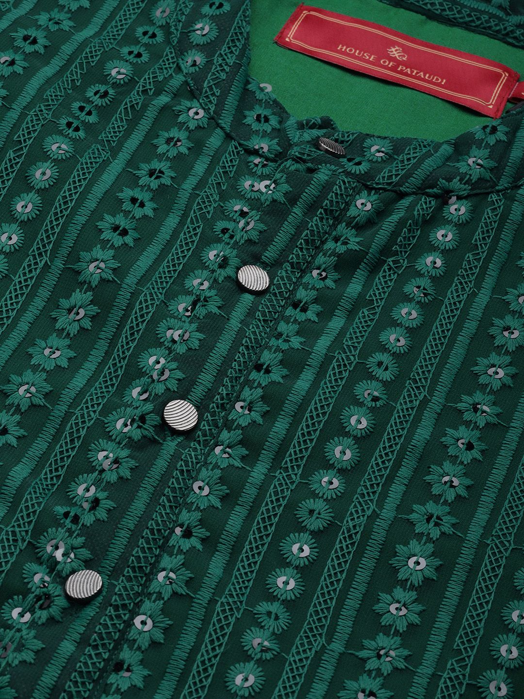 House of Pataudi Men Green Sequins Embellished Mandarin Collared Straight Kurta