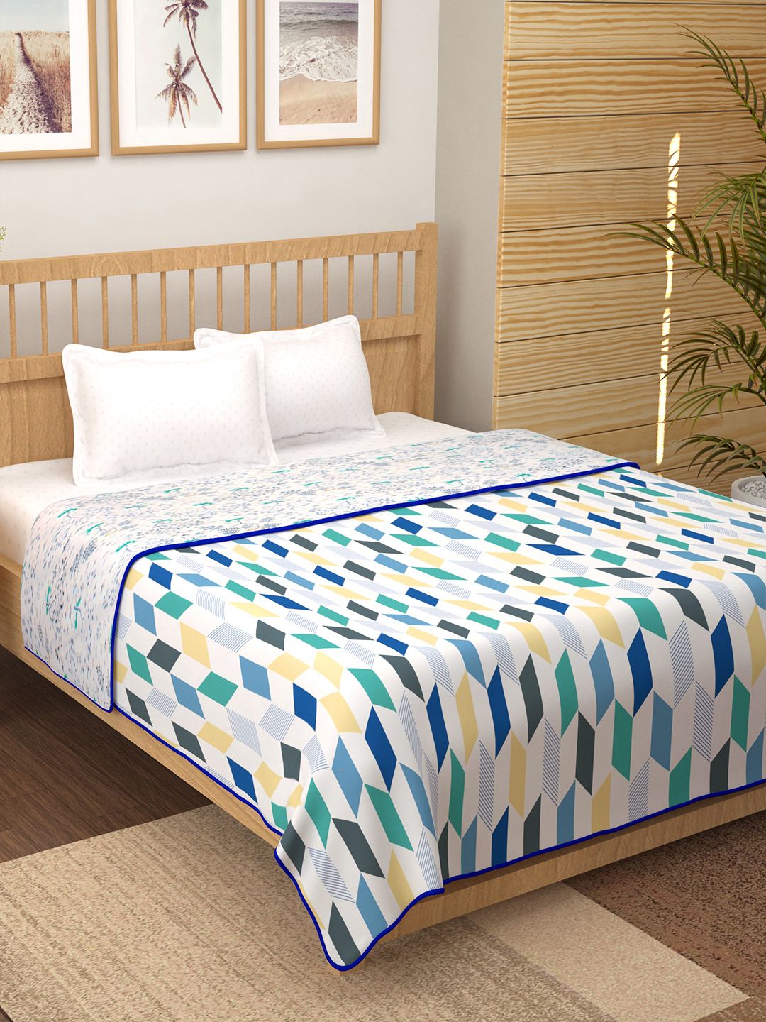 Story@home White & Blue Floral Cotton AC Room 150 GSM Reversible Double Bed Dohar