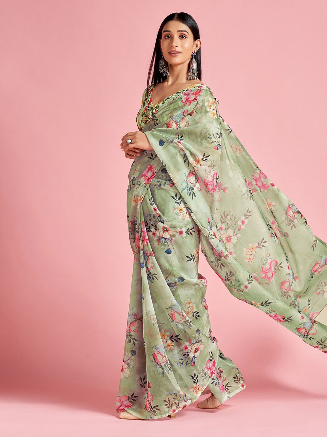 Saree mall Green & Pink Floral Printed Organza Sarees