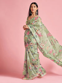Saree mall Green & Pink Floral Printed Organza Sarees