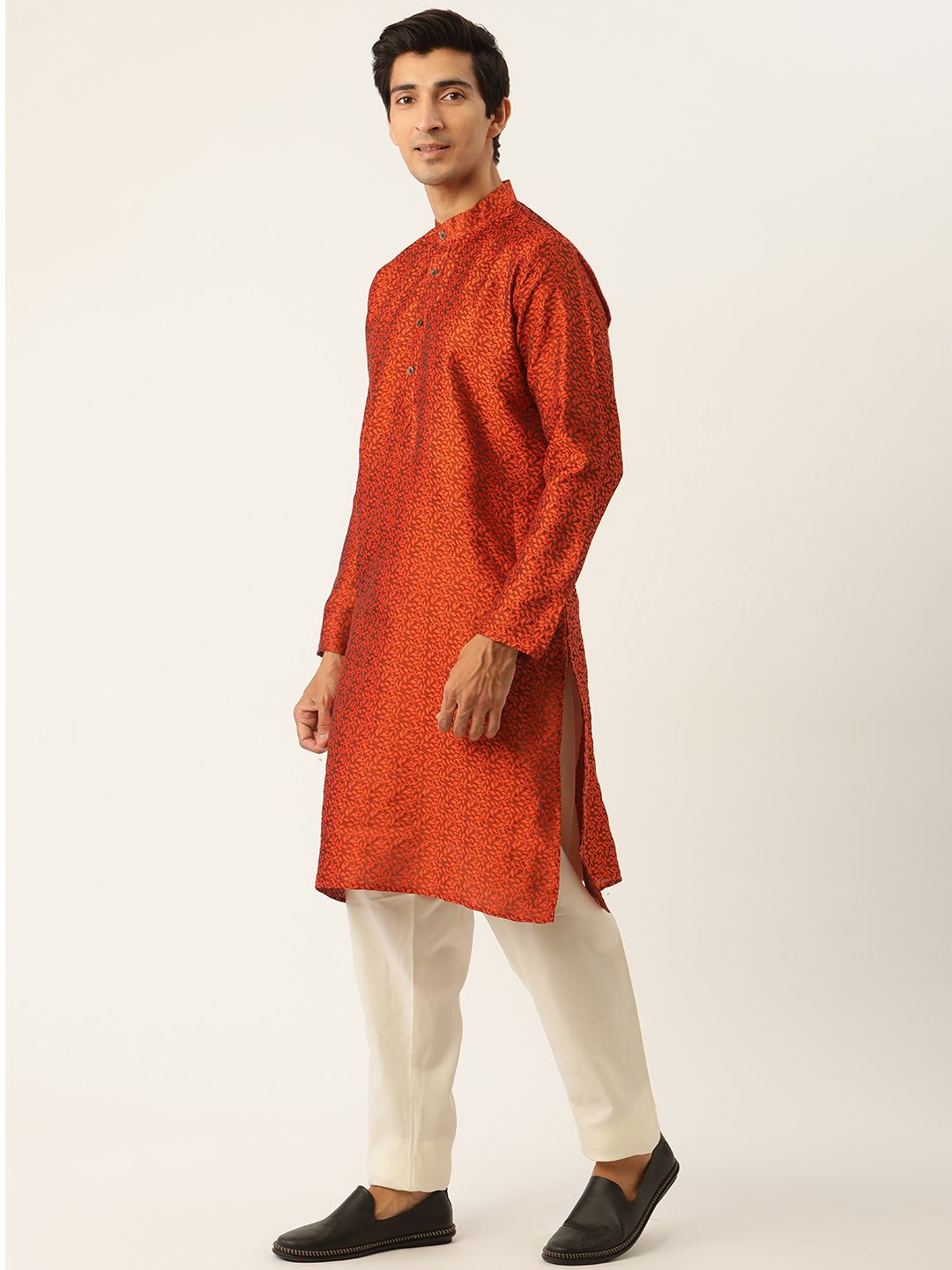 SOJANYA Kurta Rekaan Tenunan Merah & Putih Karang Lelaki dengan Piyama & Jaket Nehru