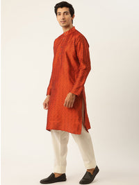 SOJANYA Kurta Rekaan Tenunan Merah & Putih Karang Lelaki dengan Piyama & Jaket Nehru