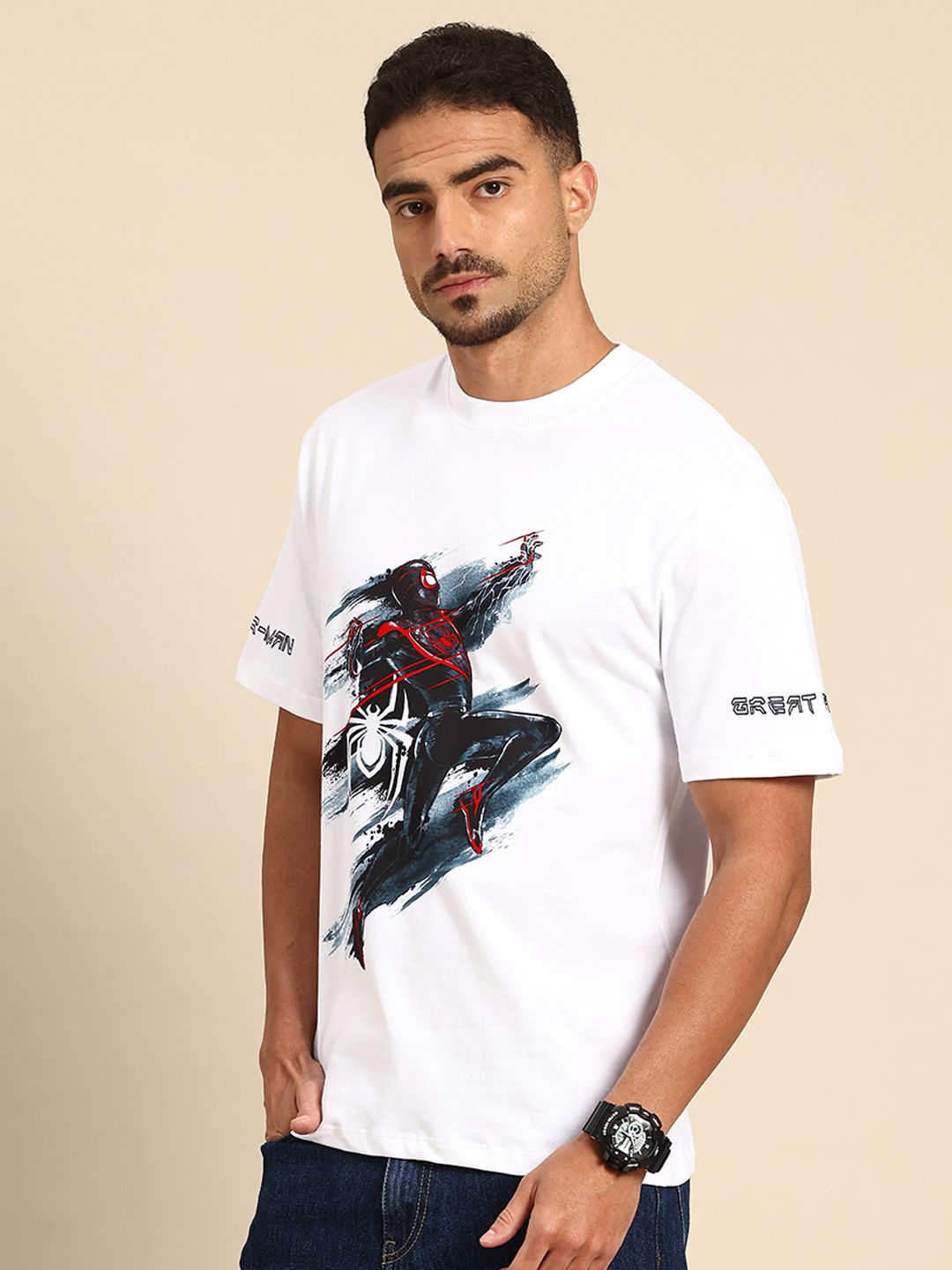 Being Human Spider-Man Printed Drop-Shoulder Sleeves Relaxed Fit Pure Cotton T-shirt