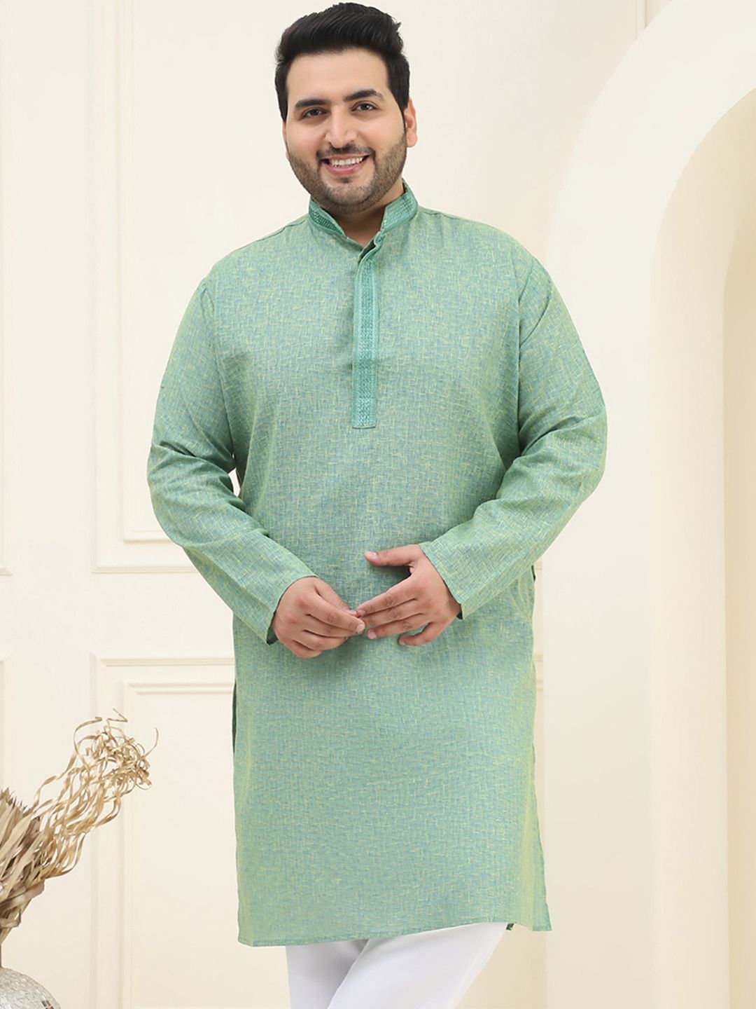 SOJANYA PLUS Men Plus Size Green Self-Checked Cotton Straight Kurta