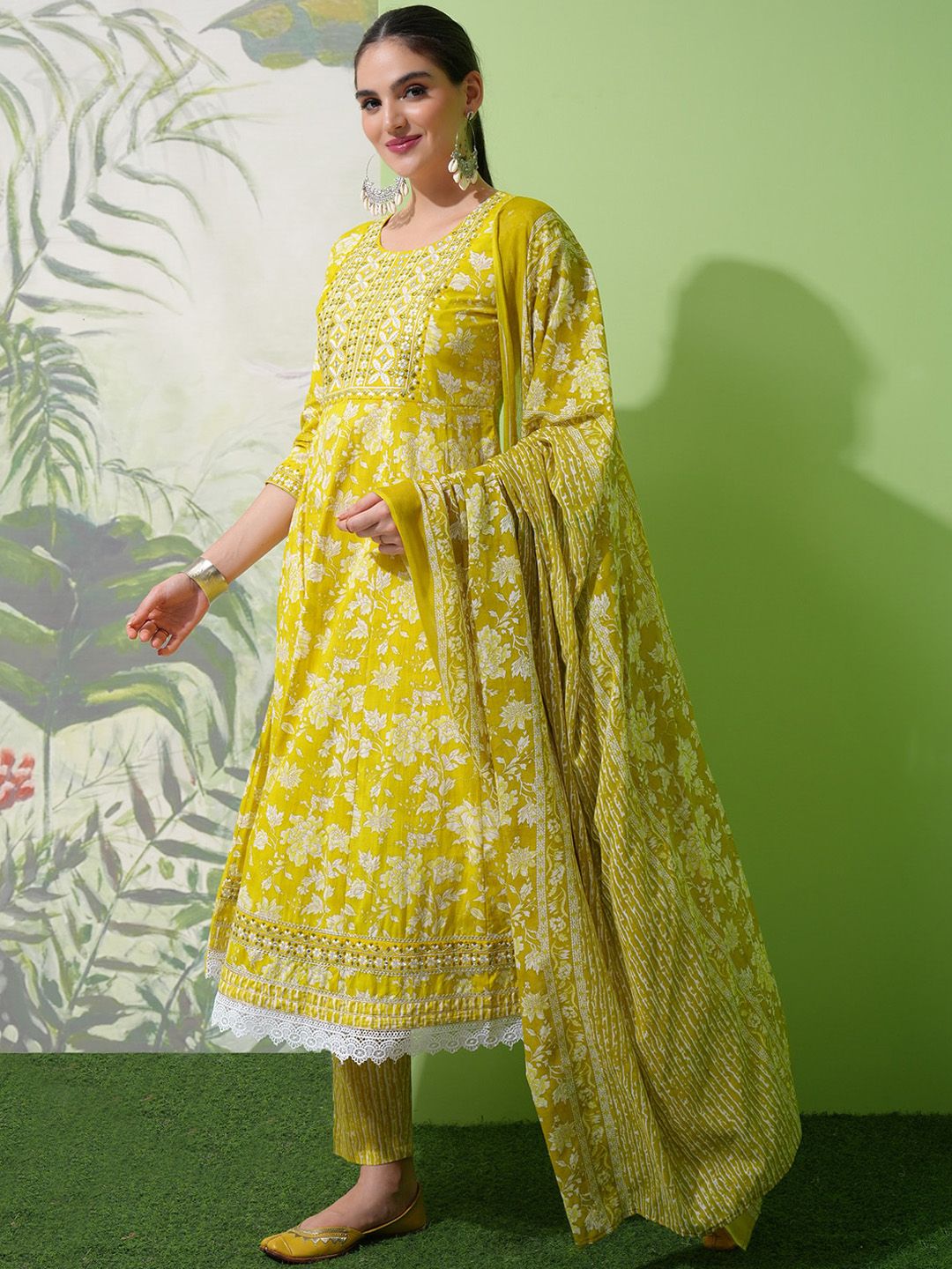 Vishudh Olive Green Printed Thread Work Pure Cotton Anarkali Kurta With Trousers & Dupatta