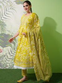 Vishudh Olive Green Printed Thread Work Pure Cotton Anarkali Kurta With Trousers & Dupatta