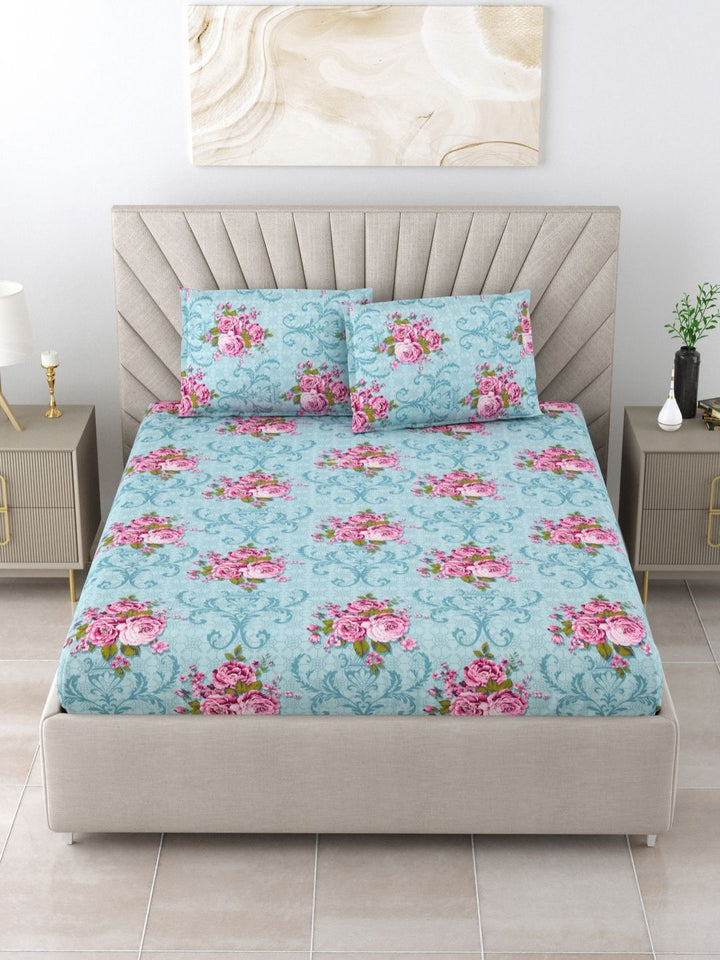 BOMBAY DYEING Dream Lover Teal Floral Printed Cotton 104TC Queen Bedsheet Set 2.54 x 2.24m